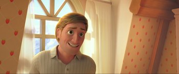 Movie still from “Spirit Untamed” (2021), directed by Ennio Torresan – A cartoon of a man smiling for the camera; Close Up shot, Low angle