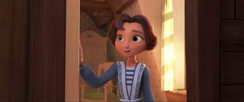 Movie still from “Spirit Untamed” (2021), directed by Ennio Torresan – A woman in a blue and white dress standing next to a window; Medium shot, High angle