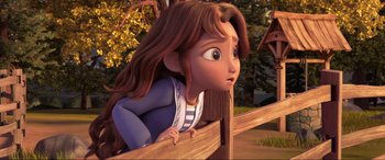 Movie still from “Spirit Untamed” (2021), directed by Ennio Torresan – A cartoon of a girl looking over a wooden fence; Medium shot, High angle