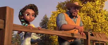 Movie still from “Spirit Untamed” (2021), directed by Ennio Torresan – An animated scene of a man and a child; Medium shot, Over the shoulder angle