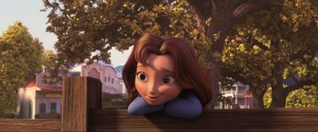 Movie still from “Spirit Untamed” (2021), directed by Ennio Torresan – A cartoon of a girl laying on top of a wooden bench; Medium shot, Low angle