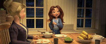 Movie still from “Spirit Untamed” (2021), directed by Ennio Torresan – An animated woman sitting at a dinner table; Medium shot, Over the shoulder angle