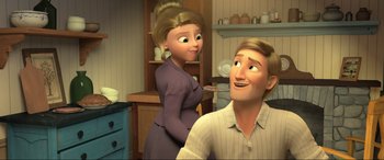 Movie still from “Spirit Untamed” (2021), directed by Ennio Torresan – An animated woman standing next to a man in a kitchen; Medium shot, Over the shoulder angle