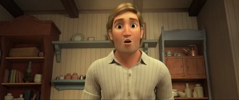 Movie still from “Spirit Untamed” (2021), directed by Ennio Torresan – An animated man with a surprised look on his face; Close Up shot, Low angle