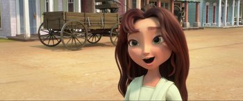 Movie still from “Spirit Untamed” (2021), directed by Ennio Torresan – A cartoon girl with brown hair is smiling for the camera; Close Up shot, Low angle