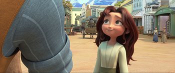 Movie still from “Spirit Untamed” (2021), directed by Ennio Torresan – A woman standing next to a man in a town square; Close Up shot, Over the shoulder angle
