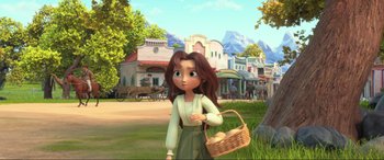 Movie still from “Spirit Untamed” (2021), directed by Ennio Torresan – A girl is holding a basket in a town; Wide shot, Over the shoulder angle