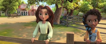 Movie still from “Spirit Untamed” (2021), directed by Ennio Torresan – A cartoon of a woman standing on a fence; Medium shot, Over the shoulder angle