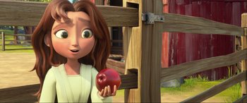 Movie still from “Spirit Untamed” (2021), directed by Ennio Torresan – An animated woman holding an apple in her right hand; Close Up shot, Over the shoulder angle