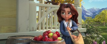 Movie still from “Spirit Untamed” (2021), directed by Ennio Torresan – A cartoon of a woman holding a wooden stick next to a bowl of apples; Medium shot, Over the shoulder angle