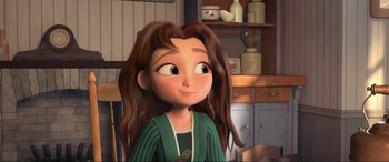 Movie still from “Spirit Untamed” (2021), directed by Ennio Torresan – A cartoon girl with long brown hair in a kitchen; Close Up shot, Over the shoulder angle