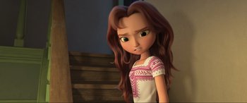 Movie still from “Spirit Untamed” (2021), directed by Ennio Torresan – A girl with long brown hair wearing a white and pink shirt; Close Up shot, Over the shoulder angle