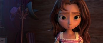 Movie still from “Spirit Untamed” (2021), directed by Ennio Torresan – A girl with big brown eyes is looking at the camera; Close Up shot, Over the shoulder angle