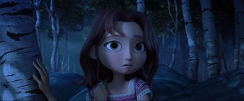 Movie still from “Spirit Untamed” (2021), directed by Ennio Torresan – A girl with blue eyes is looking at the camera; Close Up shot, Over the shoulder angle