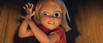 Movie still from “Spirit Untamed” (2021), directed by Ennio Torresan – A cartoon girl with big green eyes and blond hair; Close Up shot, High angle