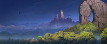 Movie still from “Spirit Untamed” (2021), directed by Ennio Torresan – A painting of trees and mountains in the background; Extreme Wide shot, Low angle