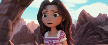 Movie still from “Spirit Untamed” (2021), directed by Ennio Torresan – A cartoon girl with long brown hair looking sad; Close Up shot, Low angle