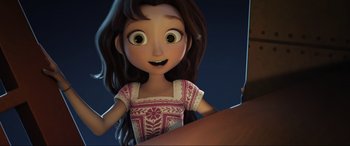 Movie still from “Spirit Untamed” (2021), directed by Ennio Torresan – A cartoon of a girl with long brown hair; Medium shot, Over the shoulder angle