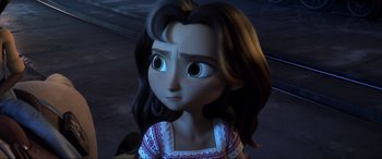 Movie still from “Spirit Untamed” (2021), directed by Ennio Torresan – A girl with long black hair is looking at the camera; Close Up shot, Over the shoulder angle