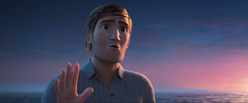 Movie still from “Spirit Untamed” (2021), directed by Ennio Torresan – An animated man is looking up at the sky; Close Up shot, Low angle