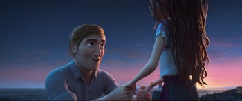 Movie still from “Spirit Untamed” (2021), directed by Ennio Torresan – A man and a girl are holding hands; Medium shot, Low angle