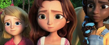 Movie still from “Spirit Untamed” (2021), directed by Ennio Torresan – A cartoon of a girl with brown hair and green eyes looking sad; Close Up shot, Over the shoulder angle