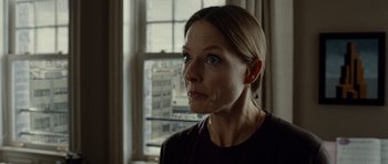 Movie still from “Carnage” (2011), directed by Roman Polanski – A person looking at the camera; Close Up shot, Over the shoulder angle