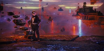 Movie still from “Spy Kids: Armageddon” (2023), directed by Robert Rodriguez – A man standing in front of an alien landscape; Wide shot, Over the shoulder angle