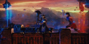 Movie still from “Spy Kids: Armageddon” (2023), directed by Robert Rodriguez – An image of an evil looking creature; Wide shot, High angle