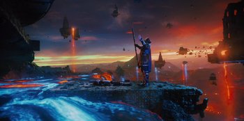 Movie still from “Spy Kids: Armageddon” (2023), directed by Robert Rodriguez – An image of a man standing on top of a hill; Extreme Wide shot, Low angle