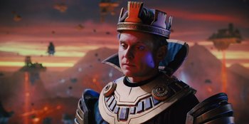 Movie still from “Spy Kids: Armageddon” (2023), directed by Robert Rodriguez – An image of a man wearing a crown in the middle of the night; Medium shot, Low angle