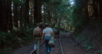 Movie still from “Stand by Me” (1986), directed by Rob Reiner – A couple of people that are walking on some train tracks; Wide shot, High angle
