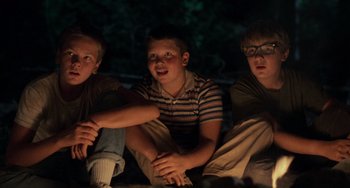 Movie still from “Stand by Me” (1986), directed by Rob Reiner – A group of young men sitting next to each other on the ground; Medium shot, Low angle