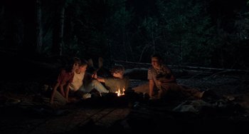 Movie still from “Stand by Me” (1986), directed by Rob Reiner – A group of people sitting around a fire at night; Wide shot, High angle