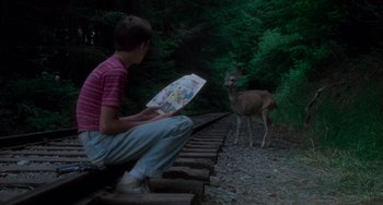 Movie still from “Stand by Me” (1986), directed by Rob Reiner – A boy sitting on a train track next to a deer; Wide shot, High angle
