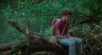 Movie still from “Stand by Me” (1986), directed by Rob Reiner – A boy sitting on top of a tree branch; Medium shot, High angle
