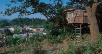 Movie still from “Stand by Me” (1986), directed by Rob Reiner – A person standing in a field near a tree house; Extreme Wide shot, Low angle
