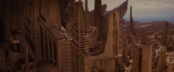 Movie still from “Star Trek” (2009), directed by J.J. Abrams – An image of a building that is made out of cardboard; Extreme Wide shot, High angle