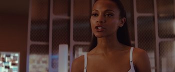 Movie still from “Star Trek” (2009), directed by J.J. Abrams – A woman that is looking into the camera; Close Up shot, Over the shoulder angle