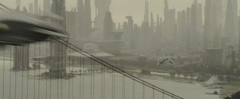 Movie still from “Star Trek” (2009), directed by J.J. Abrams – A view of a city from across the river; Extreme Wide shot, High angle