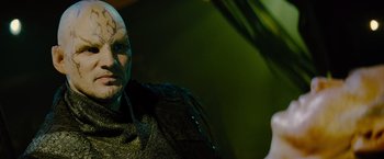 Movie still from “Star Trek” (2009), directed by J.J. Abrams – A person wearing a costume; Close Up shot, Low angle