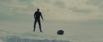 Movie still from “Star Trek” (2009), directed by J.J. Abrams – A man standing on top of a snow covered slope; Wide shot, High angle