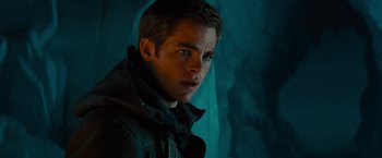 Movie still from “Star Trek” (2009), directed by J.J. Abrams – A person wearing a jacket; Close Up shot, Over the shoulder angle