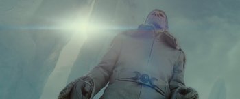 Movie still from “Star Trek” (2009), directed by J.J. Abrams – A man in a white jacket is looking up at the sky; Medium shot, Low angle