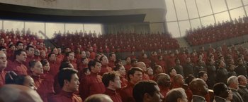 Movie still from “Star Trek” (2009), directed by J.J. Abrams – A large group of people in a room; Extreme Wide shot, High angle