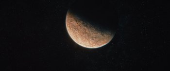 Movie still from “Star Trek Beyond” (2016), directed by Justin Lin – An image of an exoplanet in the night sky; Extreme Wide shot, Overhead angle