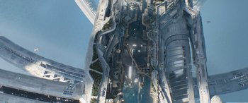 Movie still from “Star Trek Beyond” (2016), directed by Justin Lin – An aerial view of a city with a river and a bridge; Extreme Wide shot, Overhead angle