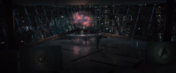 Movie still from “Star Trek Beyond” (2016), directed by Justin Lin – A person standing in a room with a large window; Extreme Wide shot, High angle