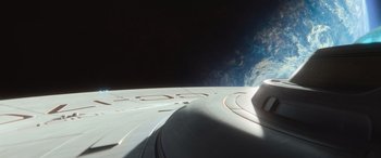 Movie still from “Star Trek Beyond” (2016), directed by Justin Lin – View of a space ship in space; Extreme Wide shot, Overhead angle