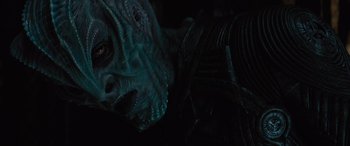 Movie still from “Star Trek Beyond” (2016), directed by Justin Lin – The face of an alien creature; Close Up shot, Over the shoulder angle